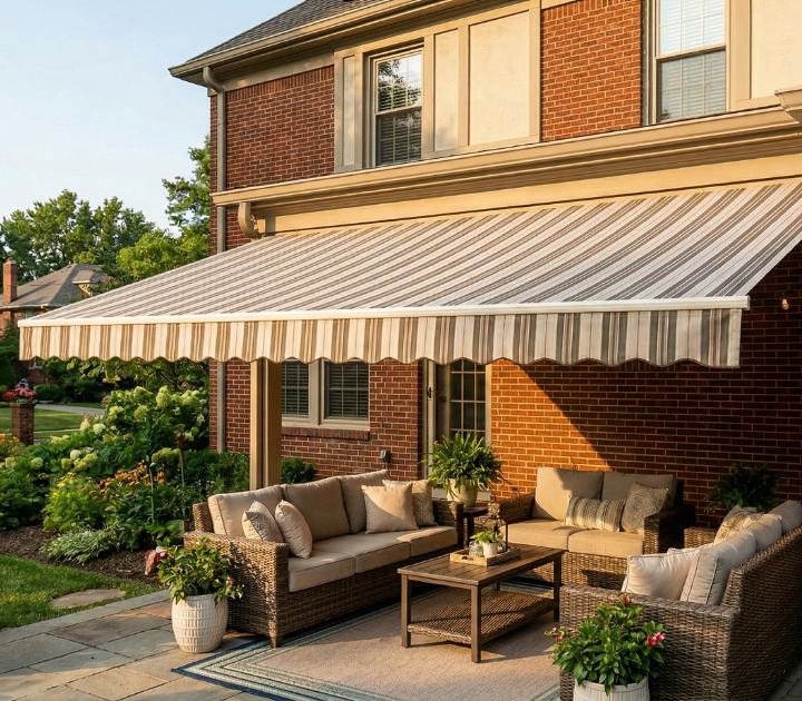backyard awning hanging over a patio